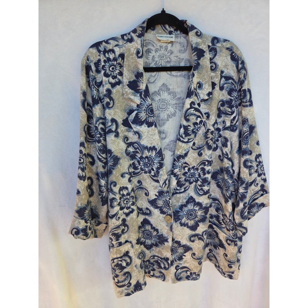 Alice Stuart Floral Blazer Women Large Blue Tan Damask Linen Blend Vintage Good